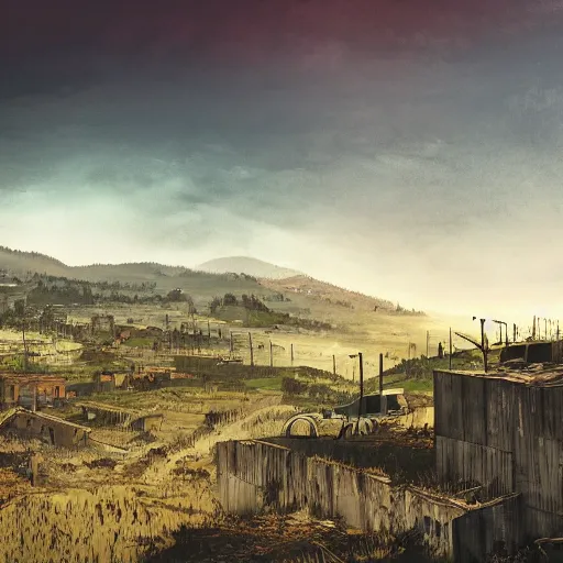 Image similar to A hilltop view of a small town in zombie apocalypse, apocalyptic artstyle, digital art, 4k