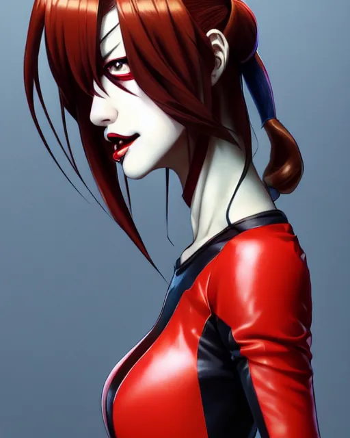 Image similar to portrait Anime as black-red harley-quinn girl cute-fine-face, brown-red-hair pretty face, realistic shaded Perfect face, fine details. Anime. harlequin suit realistic shaded lighting by Ilya Kuvshinov katsuhiro otomo ghost-in-the-shell, magali villeneuve, artgerm, rutkowski, WLOP Jeremy Lipkin and Giuseppe Dangelico Pino and Michael Garmash and Rob Rey