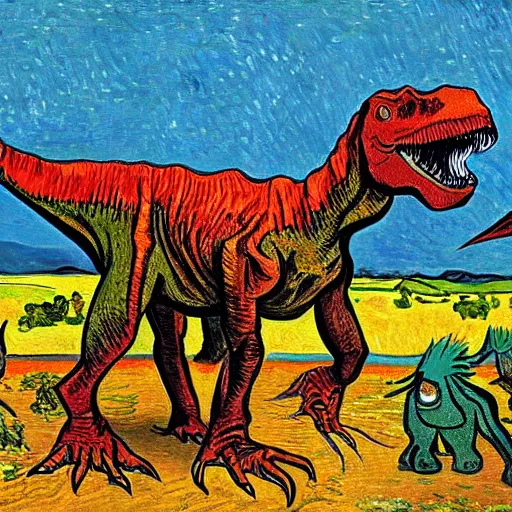 Prompt: dinosaurs tribe painted by van gogh