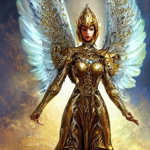 Image similar to a beautiful angel with a golden helmet wearing a silver armor with golden ornaments and diamonds jewelry, wings by alex gray and android jones, karol bak, ayami kojima, amano, concept art, character design, fantasy, 3 d, 8 k resolution