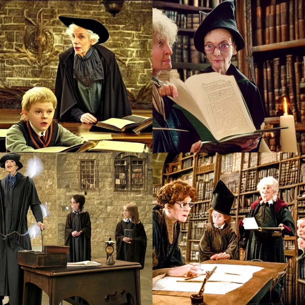 Prompt: Granny Weatherwax is teaching in Hogwarts, a scene from Harry Potter movie