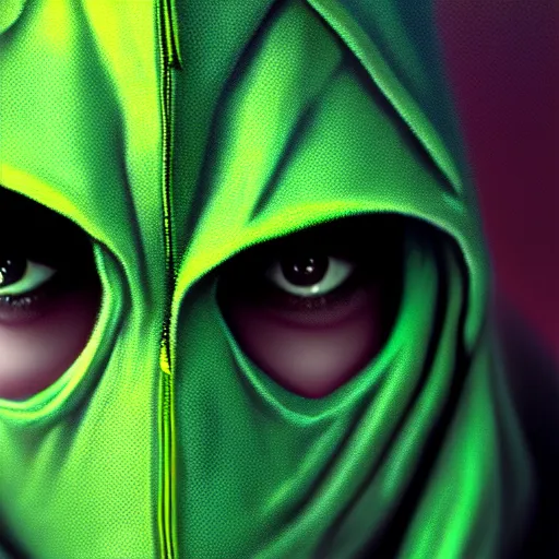 Prompt: portrait of a beautiful programmer with green hood by greg rutkowski, 4 k, close up