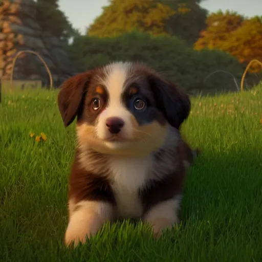 Image similar to a wholesome animation key shot of a spotted australian shepherd puppy, studio ghibli, pixar and disney animation, sharp, rendered in unreal engine 5, anime key art by greg rutkowski, bloom, dramatic lighting