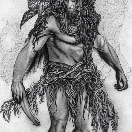 Image similar to male firbolg druid with vines for hair fantasy detailed drawing