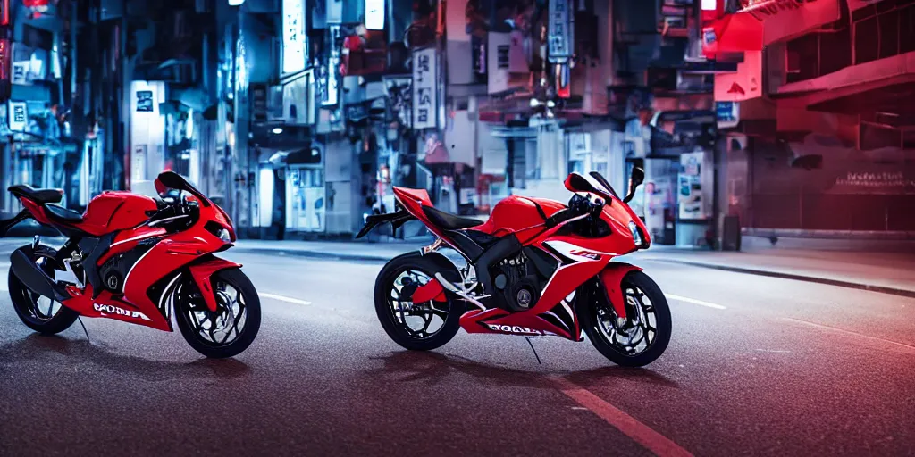 Prompt: Honda CBR600rr with blood vinyil in the middle of a road on the night Tokyo, blue color grading, cinematic color grading , unreal 5, hyperrealistic, realistic, photorealistic, dynamic lighting, highly detailed, cinematic landscape, studio landscape, studio lighting