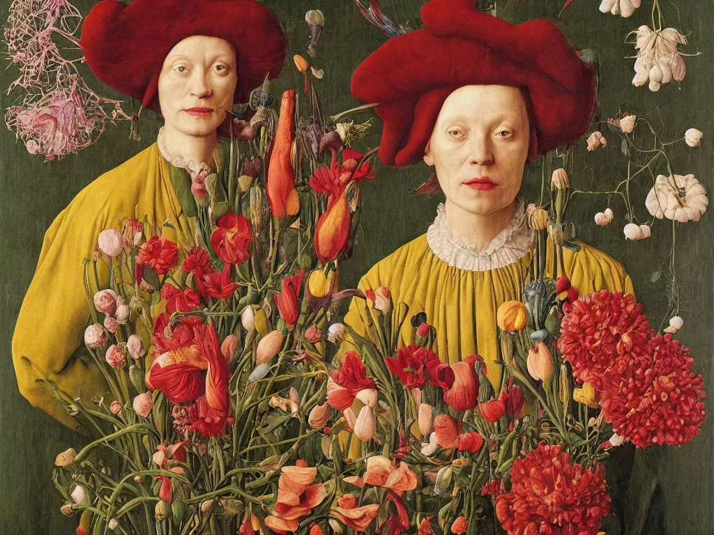 Image similar to Portrait of Meth addict with beautiful, exotic flowers. Painting by Jan van Eyck, Audubon, Maria Sybilla Merian, Rene Magritte, Agnes Pelton, Max Ernst, Walton Ford