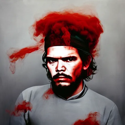 Image similar to colour masterpiece surreal closeup portrait photography of che guevara by miho hirano and annie leibovitz and michael cheval, red and grey smoke background, 8 k