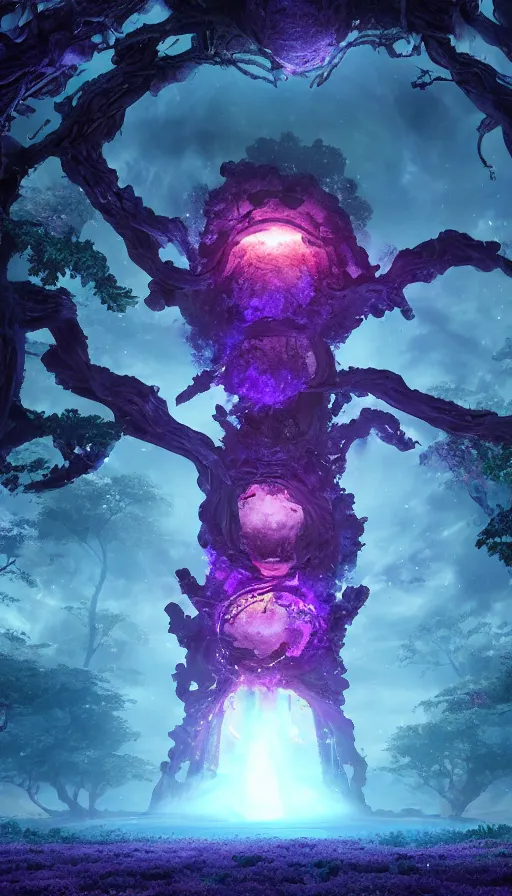 Prompt: a future scifi ancient god on the middle of a purple forest holding a portal that's about to explode, sweat drops, insane, highly detailed, smooth, sharp focus, Unreal Engine 5, 8K, art by Akira Toriyama