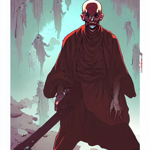 Image similar to undead monk 2d illustration by Feng Zhu and Loish and Laurie Greasley, Victo Ngai, Andreas Rocha, John Harris, artstation, sharp focus