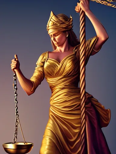 Prompt: lady justice holding a balance. blindfolded intricate, elegant, highly detailed, digital painting, artstation, concept art, sharp focus, illustration, by justin gerard and artgerm, 8 k