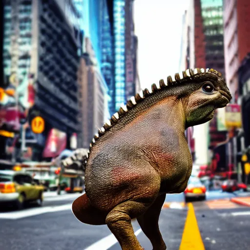 Prompt: realistic photograph of a parasaurolophus in the middle of a busy street new york, depth of field, macro photography