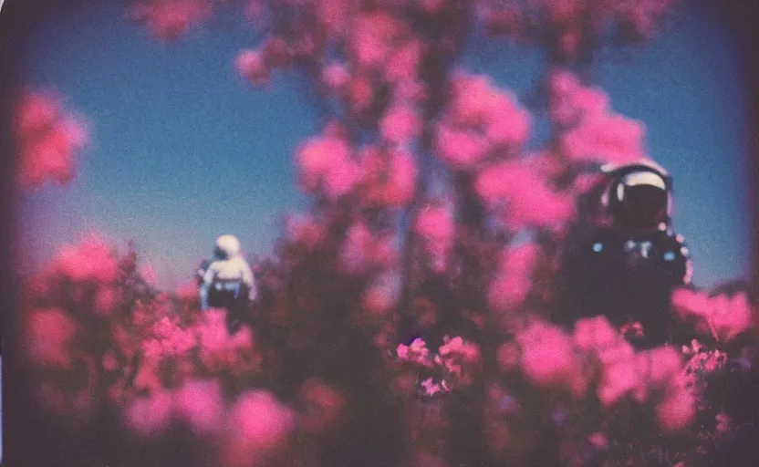 Prompt: analog polaroid of an astronaut seen from behind, in a field full of colourful flowers, pink and blue color bleed