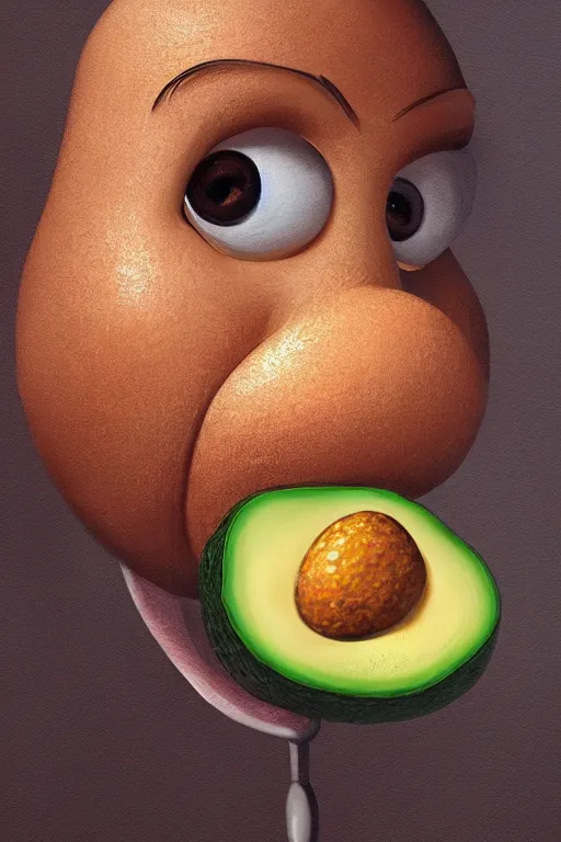 Image similar to mr potato head is an avocado, artgem, digital painting, color painting, hyperrealistic, concept art, oil painting, masterpiece, concept art, trending on deviantart, realistic and detailed face, highly detailed, high quality, 8 k, soft lighting, fancy colors, fantasy, cinematic, high coherence