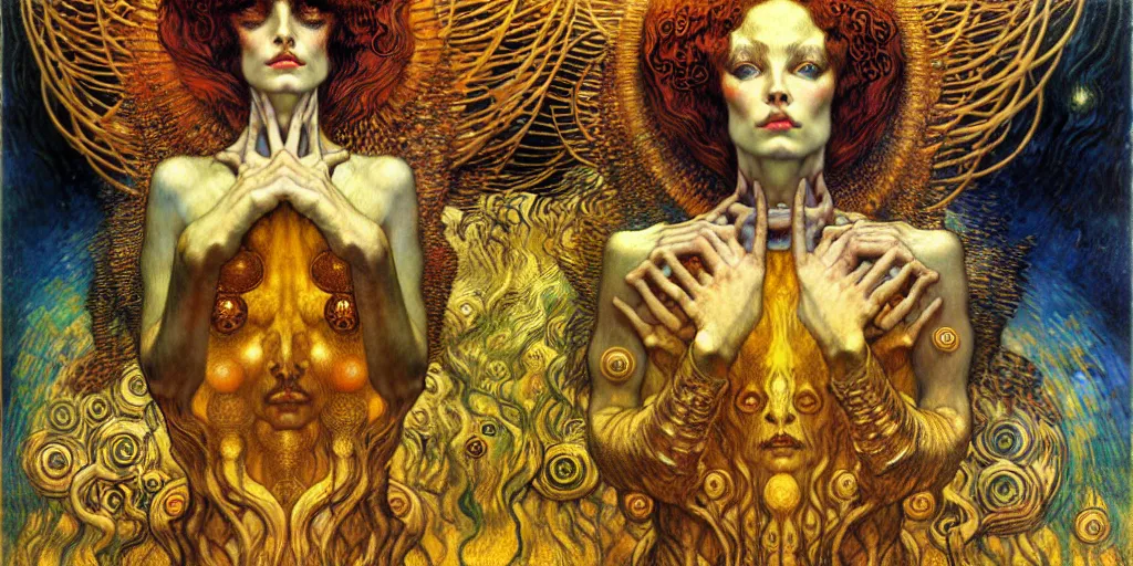 Image similar to Divine Chaos Engine by Karol Bak, Jean Delville, William Blake, Gustav Klimt, and Vincent Van Gogh, symbolist, visionary