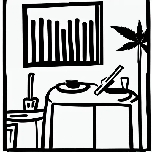 Image similar to hand - drawn minimalistic line cartoon of cannabis cafe setup, black and white, pictogram, ink, pencil