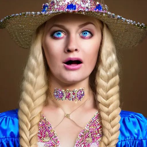 Prompt: close up headshot of a princess with long blonde hair and blue eyes wearing a strapless elaborately beaded pink dress, high resolution film still, 8k, HDR color, film by Simon Langton and David Frankel, gazing eyes, narrow V-shaped chin