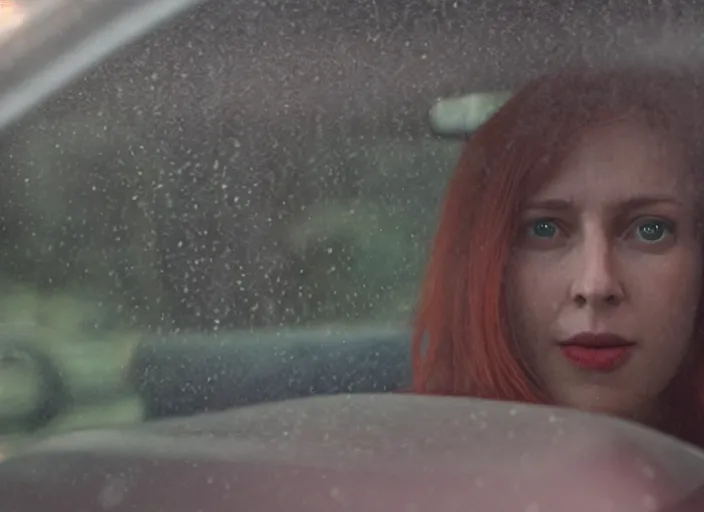 Image similar to A very high resolution image from a new movie, inside of a car, red hair woman, raining, hot, directed by wes anderson