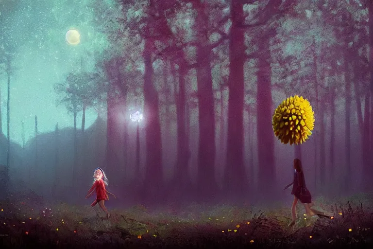 Image similar to giant daisy flower head, girl walking in a moonlit forest, hills, surreal photography, dark night, star trails, dramatic light, impressionist painting, clouds, digital painting, artstation, simon stalenhag