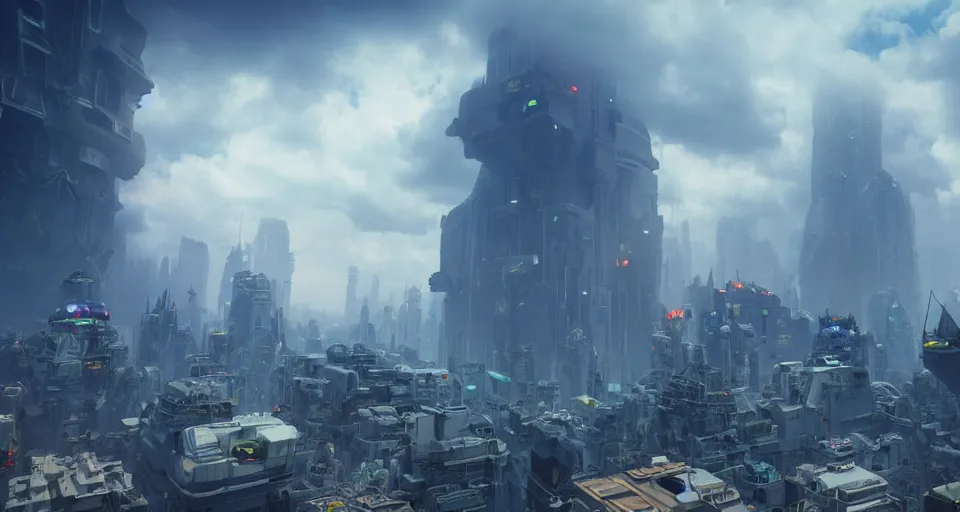 Image similar to a photo of monolithic mech reaching through the dense clouds towering over a crowd of astronauts in a futuristic city, ultra realistic, hyper - detailed, unreal engine, raytraced lighting, colorful accents