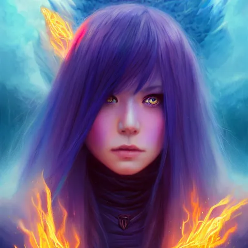 Prompt: rimuru tempest from tensura holding purple fire in her palm, with amber eyes of golden colored eyes, straight hair, sky blue hair, long bangs, concept art, award winning photography, digital painting, cinematic, wlop, 8 k, by ross tran, tom bagshaw