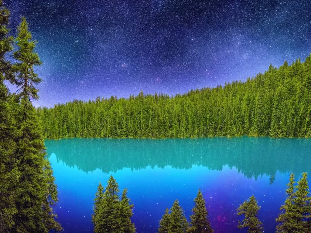 Image similar to nebula above a clear blue lake in the middle of an evergreen forest