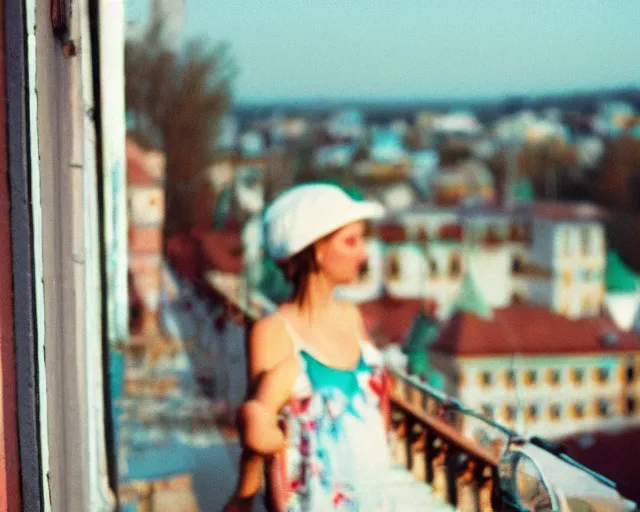 Image similar to lomo photo of pair standing on small hrushevka balcony full with cigarette smoke in small russian town looking at sunset, cinestill, bokeh