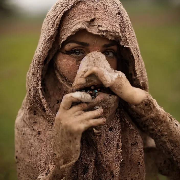 Image similar to a closeup portrait of a woman wearing a hood made of holes and rusted nails, picking pomegranates from a tree in an orchard, foggy, moody, photograph, by vincent desiderio, canon eos c 3 0 0, ƒ 1. 8, 3 5 mm, 8 k, medium - format print