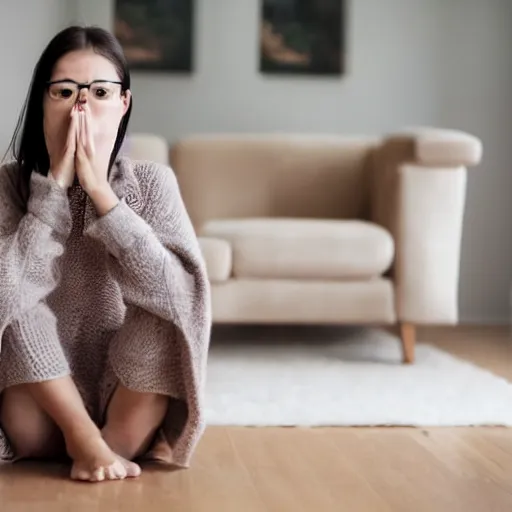 Image similar to cute woman sitting on her knees, looking up at the camera, living room setting, dim lighting