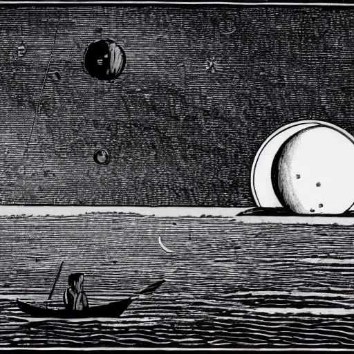 Image similar to charon in his boat at sea looking at a black hole in the universe.