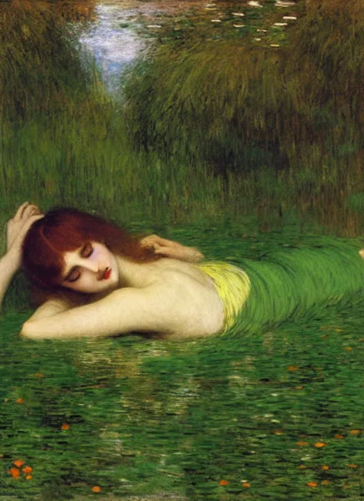 Image similar to lady laying on the river bed amongst the duck weed, underwater shot, submerged, medium shot, on the bed of the river, portrait by john william waterhouse, rosetti, monet, william holman hunt, 8 k