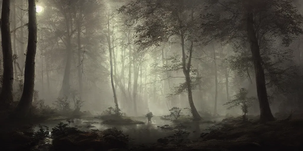 Prompt: [ a dark scene of a dense forest at night with a stream through it, moonlight through trees, volumetric light and mist, fog ], andreas achenbach, artgerm, mikko lagerstedt, zack snyder, tokujin yoshioka