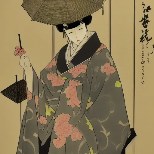 Image similar to a woman in a kimono holding an umbrella, an anime drawing by Kaburagi Kiyokata, featured on pixiv, shin hanga, hellish background, pixiv, official art