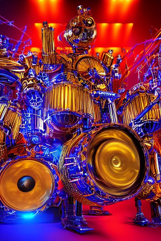 Image similar to portrait photo of a giant huge golden and blue metal futuristic humanoid steampunk robot drummer covered with multicolored big gears and tubes, a huge red drumset, eyes are glowing red lightbulbs, shiny crisp finish, 3 d render, 8 k, insaneley detailed, fluorescent colors, background is multicolored lasershow