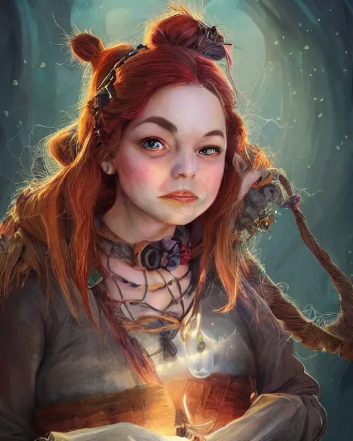 Prompt: pippi longstocking as an old witch, fantasy art, in the style of artgerm, illustration, epic, fantasy, intricate, hyper detailed, artstation, concept art, smooth, sharp focus, ray tracing, vibrant, photorealistic, simon bisley