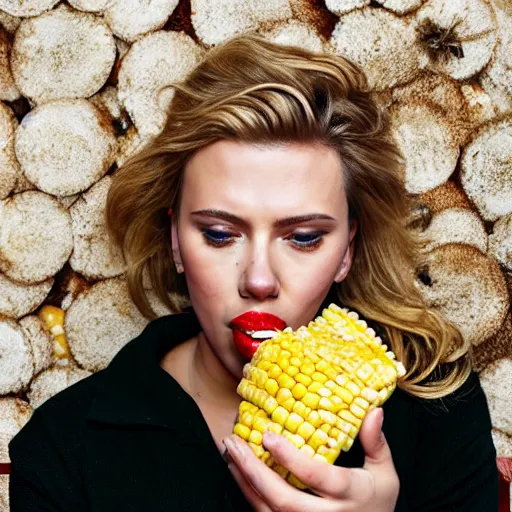 Prompt: beautiful portrait photo of Scarlett Johansson eating a completely over-buttered corn on the cobb. It is raining corn. 85mm,