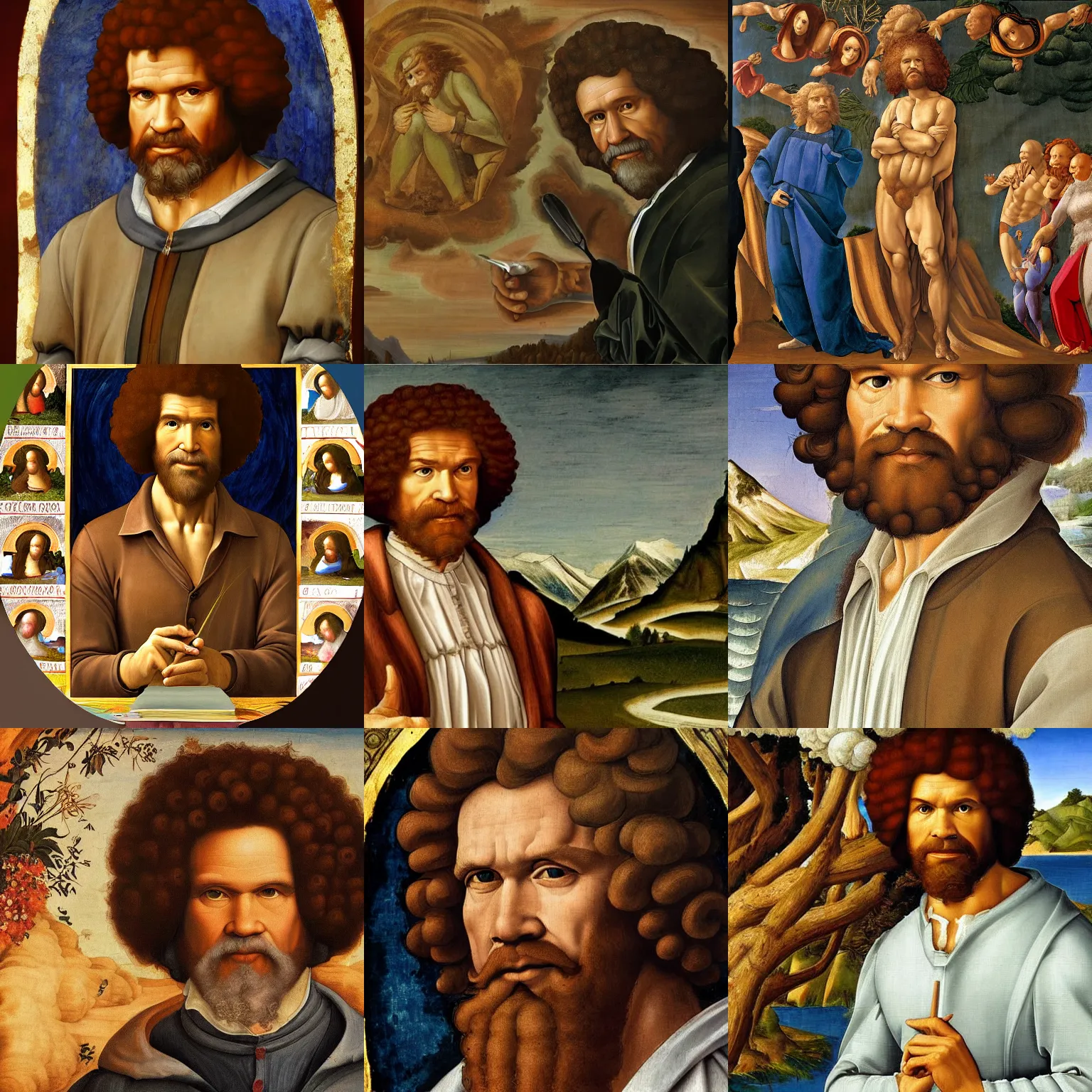 Prompt: stunning renaissance fresco of Bob Ross, masterpiece, artstation, by Sandro Botticelli.