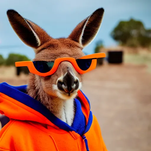 Prompt: a portrait photo of a kangaroo wearing an orange hoodie and blue sunglasses holding a sign on the chest that says welcome friends, subject : kangaroo, subject detail : wearing orange hoodie, wearing blue sunglasses