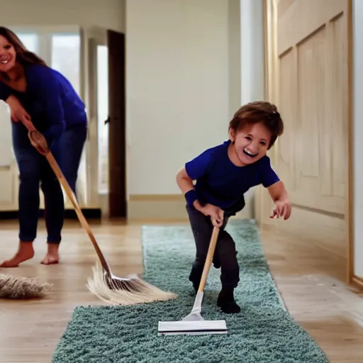 Prompt: a family chasing a bat around a room with a broom and a plastic bin.