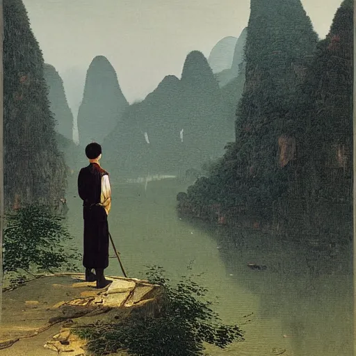 Image similar to a young man in guilin, by caspar david friedrich,