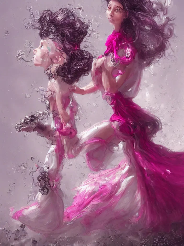 Prompt: a beautiful years old chatain hair woman in a magenta long dress with silver rings and pink nails \ she makes levitate a precious bottle of the main ingredient company filled with ivory white liquid and a black sticker on it. fantasy, intricate, elegant, highly detailed, digital painting, artstation, concept art, matte, illustration, artger, greg rutkowski, epic fantasy