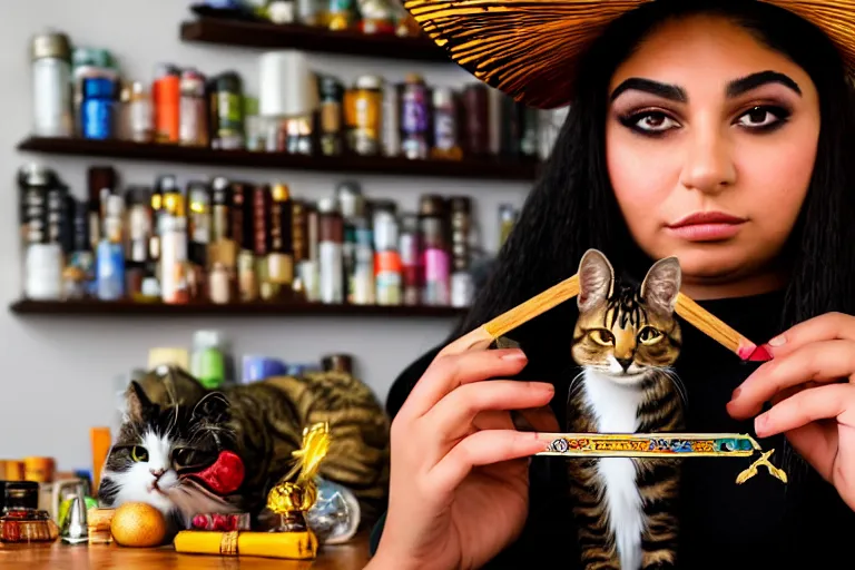 Image similar to 2 0 2 2 photo, close up portrait, dramatic lighting, concentration, calm confident hispanic teen witch and her cat, tarot cards displayed on the table in front of her, sage smoke, magic wand, a witch hat and cape, apothecary shelves in the background, alphonse mucha