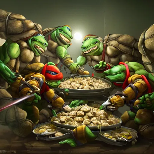 Prompt: four teenage mutant ninja turtles eating giant pile heap of dumplings, handsome, intricate, detailed, volumetric lighting, scenery, digital painting, highly detailed, artstation, sharp focus, illustration, concept art, ruan jia, steve mccurry