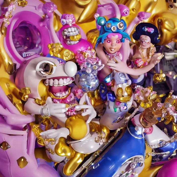 Image similar to jeff koons hip hop bauhaus style street sharks sailor moon wearing diamond grillz and a ton of bussdown iced gold bling in wallace & gromit strata - cut claymation, ultra realistic, concept art, intricate details, serious, highly detailed, photorealistic, octane render, 8 k, unreal engine, art by artgerm