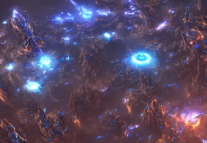 Image similar to protoss spaceship hovering above protoss city, with zerg forces in the distances beautiful art uhd 4 k, artstation, hdr, 4 k, incredible detail, cinematic lighting, unreal engine 5