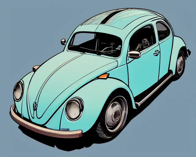 Image similar to a study of cell shaded portrait of a Volkswagen Beetle llustration, post grunge, concept art by josan gonzales and wlop, by james jean, Victo ngai, David Rubín, Mike Mignola, Laurie Greasley, highly detailed, sharp focus, alien, Trending on Artstation, HQ, deviantart, art by artgem