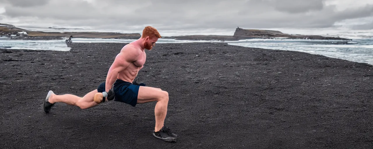 Prompt: cinematic shot of giant symmetrical ginger handsome gym bro doing pushups in the middle of an endless black sand beach in iceland with icebergs in the distance,, 2 8 mm