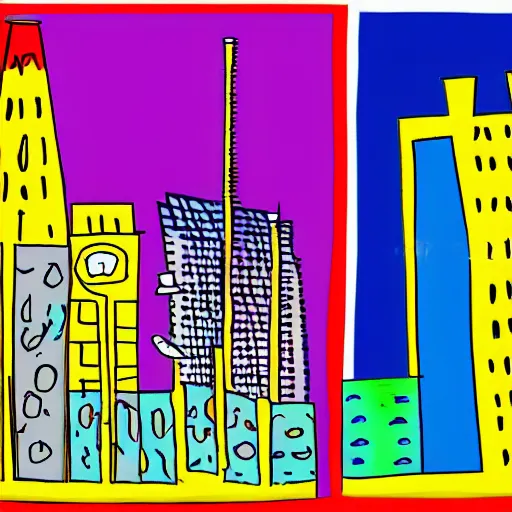 Image similar to City landscape, Dadaism style and cartoony style