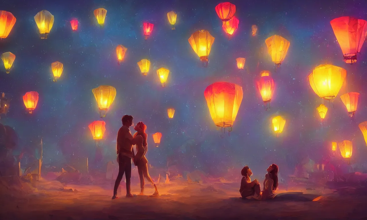 Prompt: mystical scene, floating lanterns, artstation, digital art, a couple kissing on the ground, a hot air balloon in the middle, neon lights, dramatic, detailed, stars glowing on sides, trending on artstation, by Noah Bradley