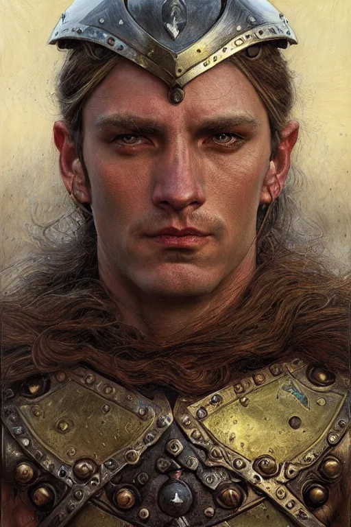 Image similar to head and shoulders portrait of a warrior, male, breastplate, magical, high fantasy, d & d, by donato giancola, face details, extremely detailed, digital illustration