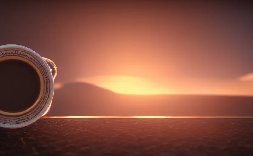 Image similar to a beautiful render of a hot cup of coffee, the steam is forming the three borromean rings, sunset lighting, intricate detail, hazy, humid, volumetric lighting, god rays, 8 k, photorealistic, raytracing effects, unreal engine 5